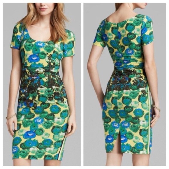 LAST CHANCE Tracy Reese Silk Bodycon Dress in Hot Sunshine Rose Racing Stripes 4 - Picture 2 of 12